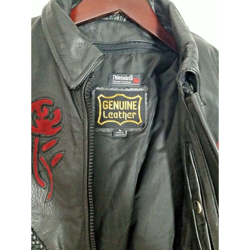 Genuine Leather LG Motorcycle Jacket Fringe Rose Inlay w/ Thinsulate 3M Liner - Picture 12 of 12